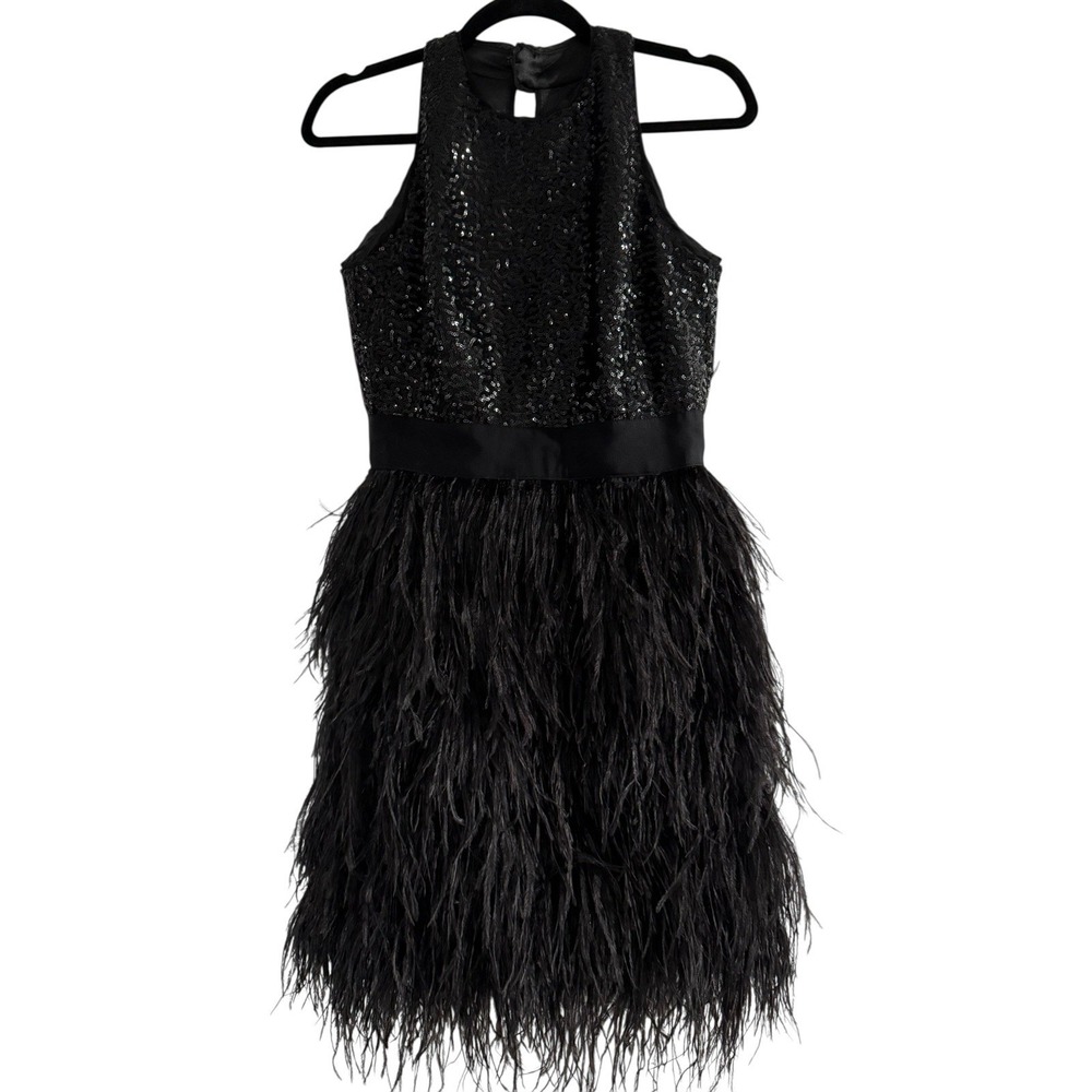 Milly Black Dress Size 2 Black Sequins And Feathers Sleeveless EUC